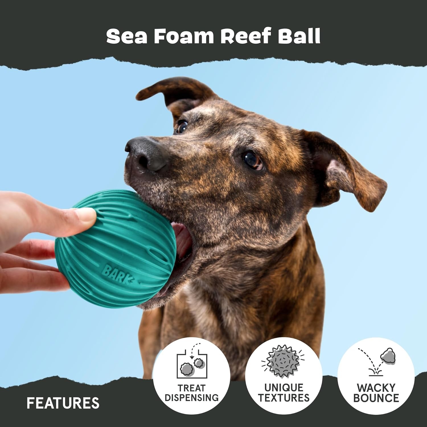 image:imageBarkbox Ruffberry Blast Dog Toy for Small Dogs Treat Dispensing Toy with Wacky Bounce and Perfect for Kibble or Favorite TreatsSea Foam Reef Ball