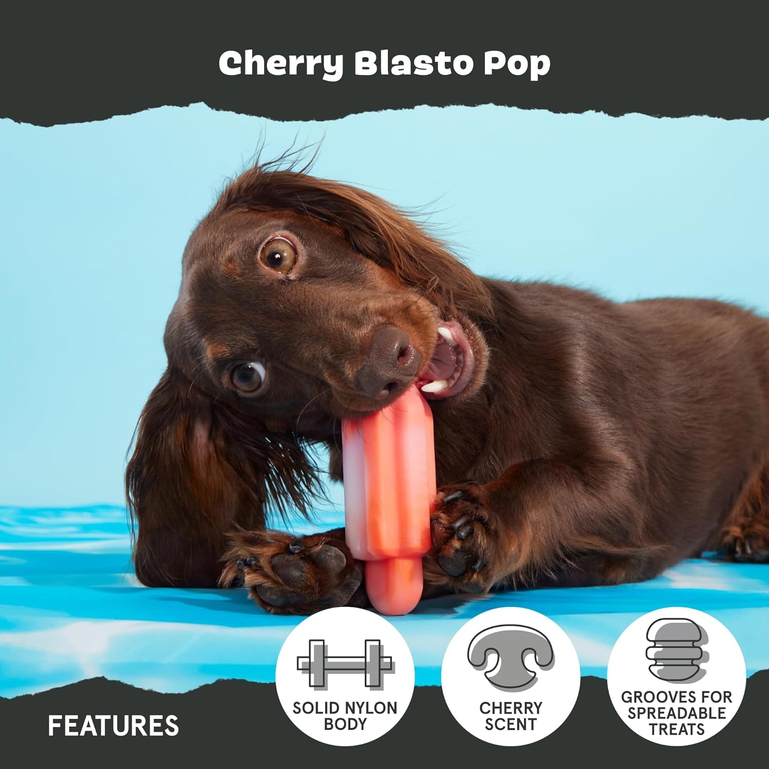 image:imageBarkbox Treat Meat Hot Dog Dog Toy BaconScented Rubber Chew Toy for Medium Dogs Durable Dog Toys for Aggressive Chewers amp Puppy Teething ToysCherry Blasto Pop
