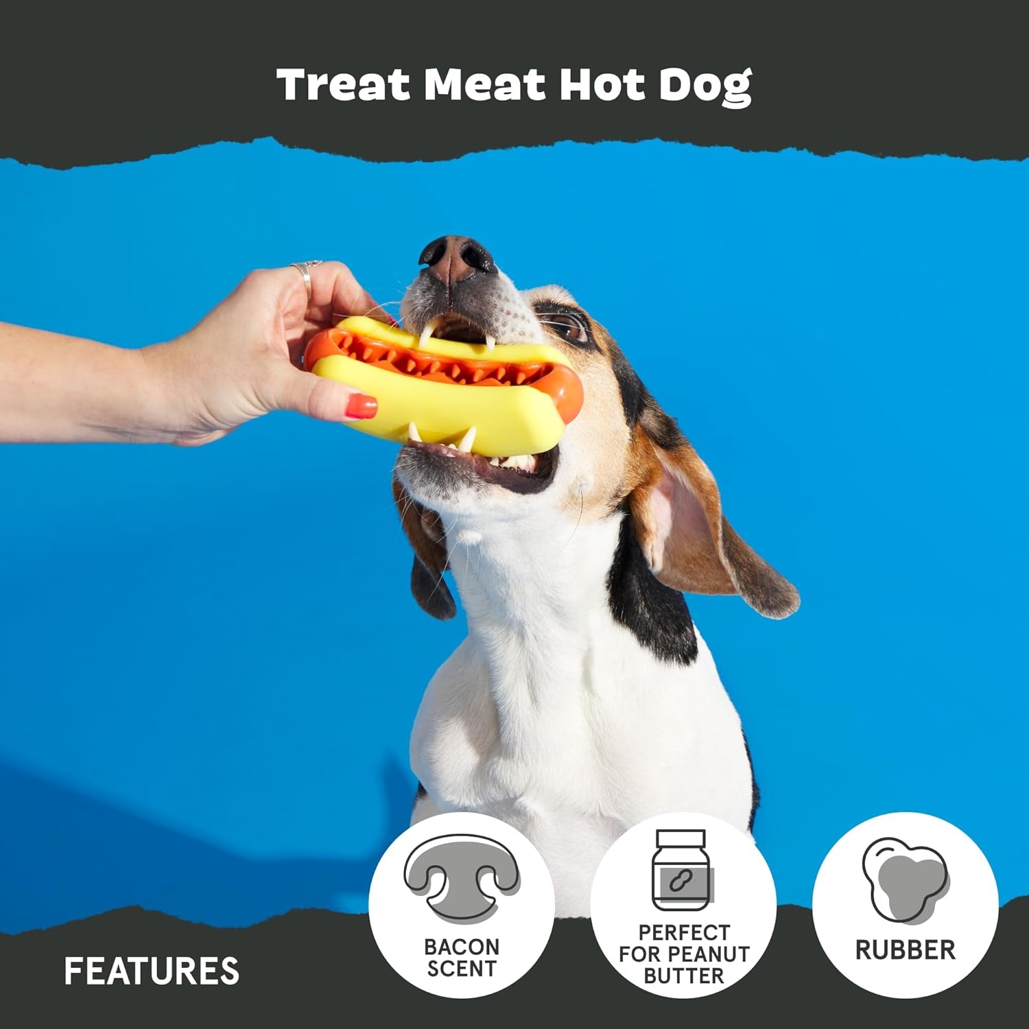 image:imageBarkbox Treat Meat Hot Dog Dog Toy BaconScented Rubber Chew Toy for Medium Dogs Durable Dog Toys for Aggressive Chewers amp Puppy Teething ToysTreat Meat Hot Dog