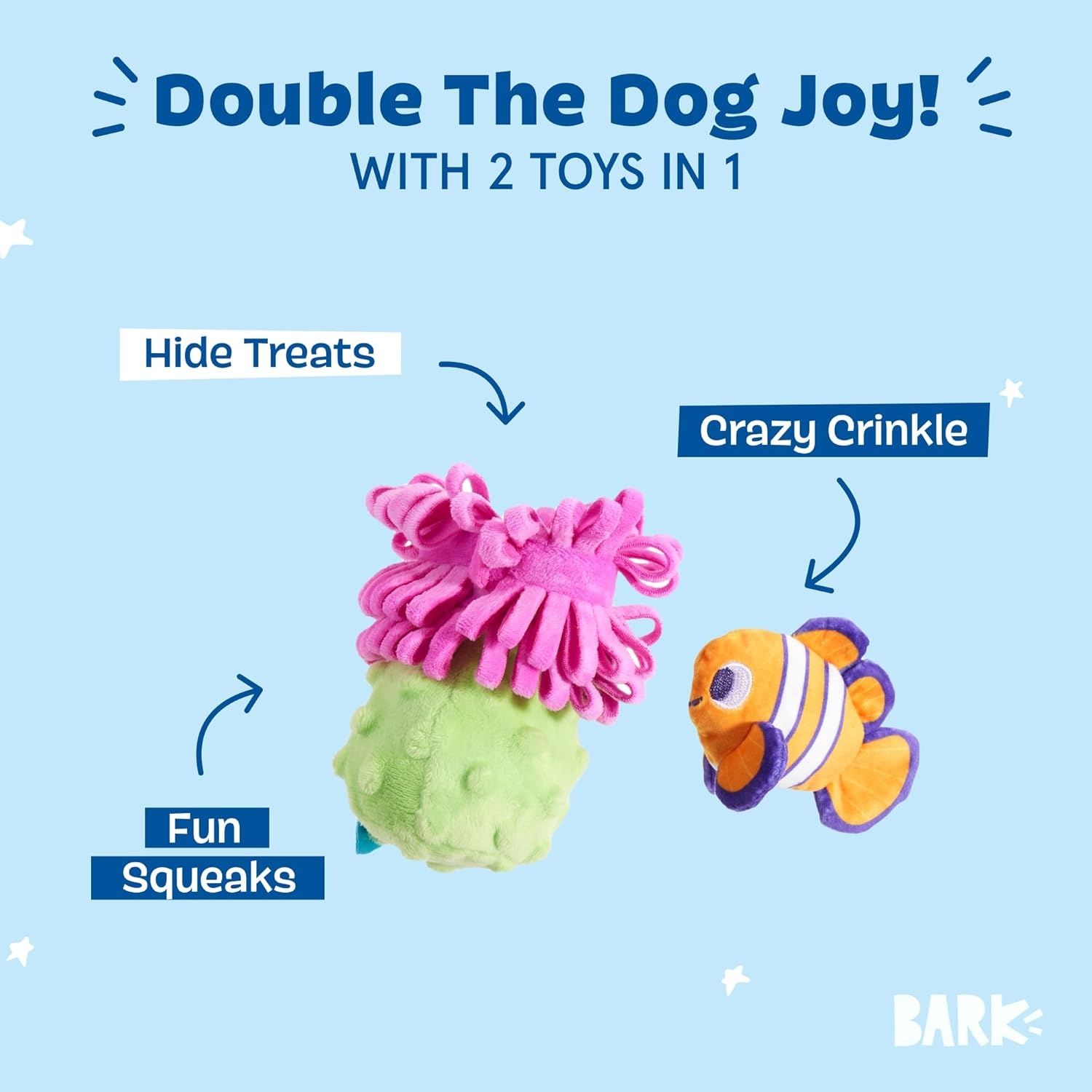image:imageBarkbox Super Chewer Tough Dog Chew Toys for Aggressive Chewers Plush 2 Toys in 1 Drop the Bass SmallClown Fishing AroundSmall
