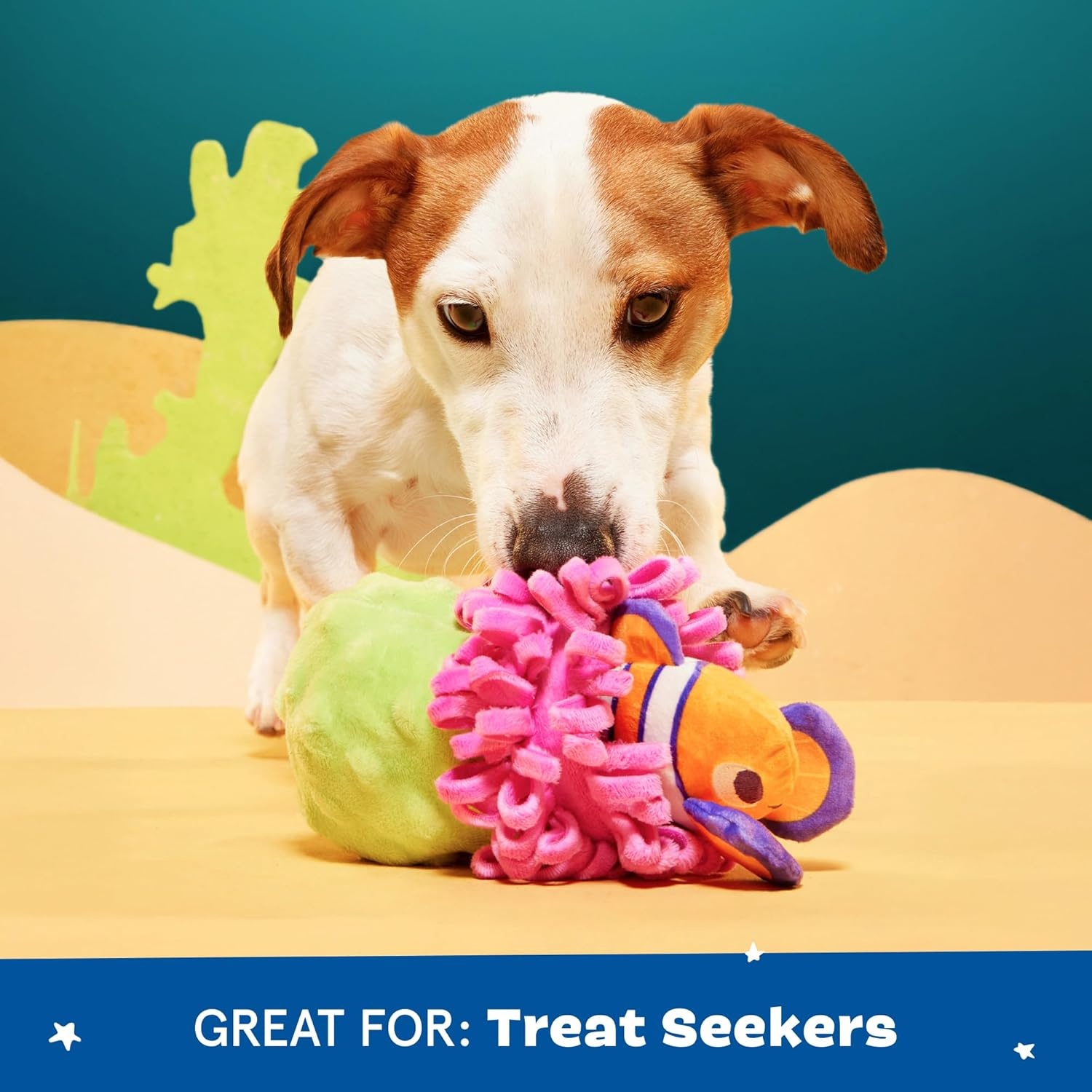 image:imageBarkbox Super Chewer Tough Dog Chew Toys for Aggressive Chewers Plush 2 Toys in 1 Drop the Bass SmallClown Fishing AroundSmall