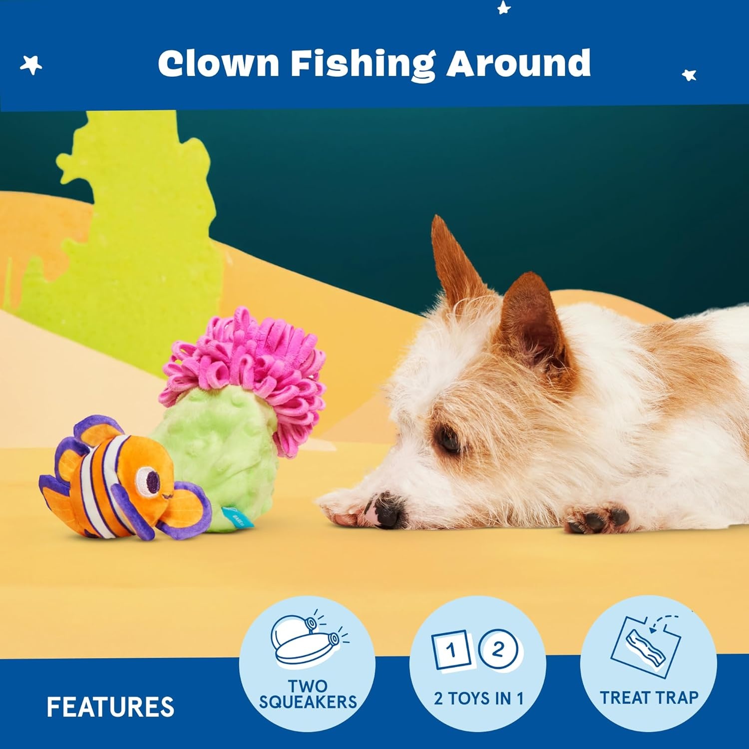image:imageBarkbox Super Chewer Tough Dog Chew Toys for Aggressive Chewers Plush 2 Toys in 1 Drop the Bass SmallClown Fishing AroundSmall