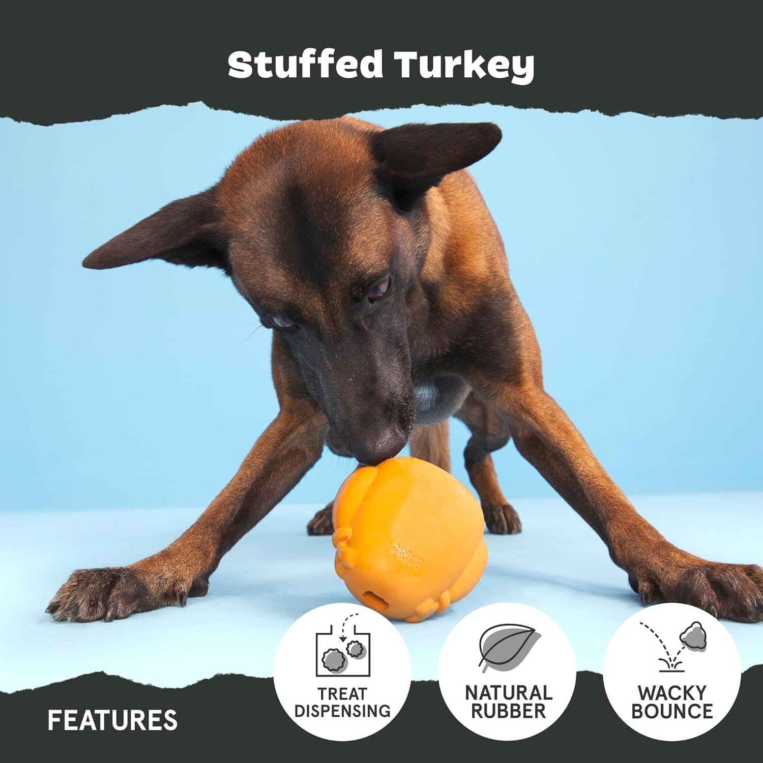 image:imageBarkbox BARK Stuffed Turkey Dog Toy Natural Rubber Treat Dispensing Perfect for Peanut Butter Dog Toy for Aggressive Chewers