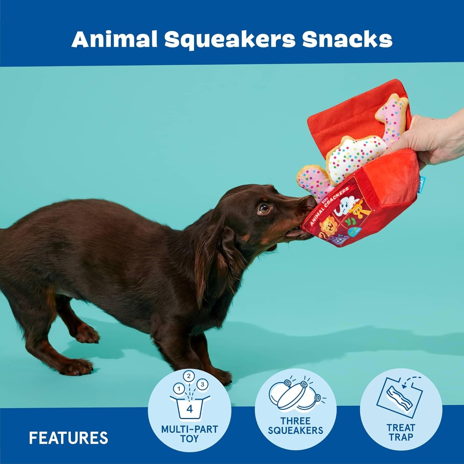 image:imageBarkbox Drool Ranch Chips 3in1 Interactive Plush Dog Toy Squeaky Dog Toys with Crinkle Bag for Small to Medium Dogs and PuppiesAnimal Crackers