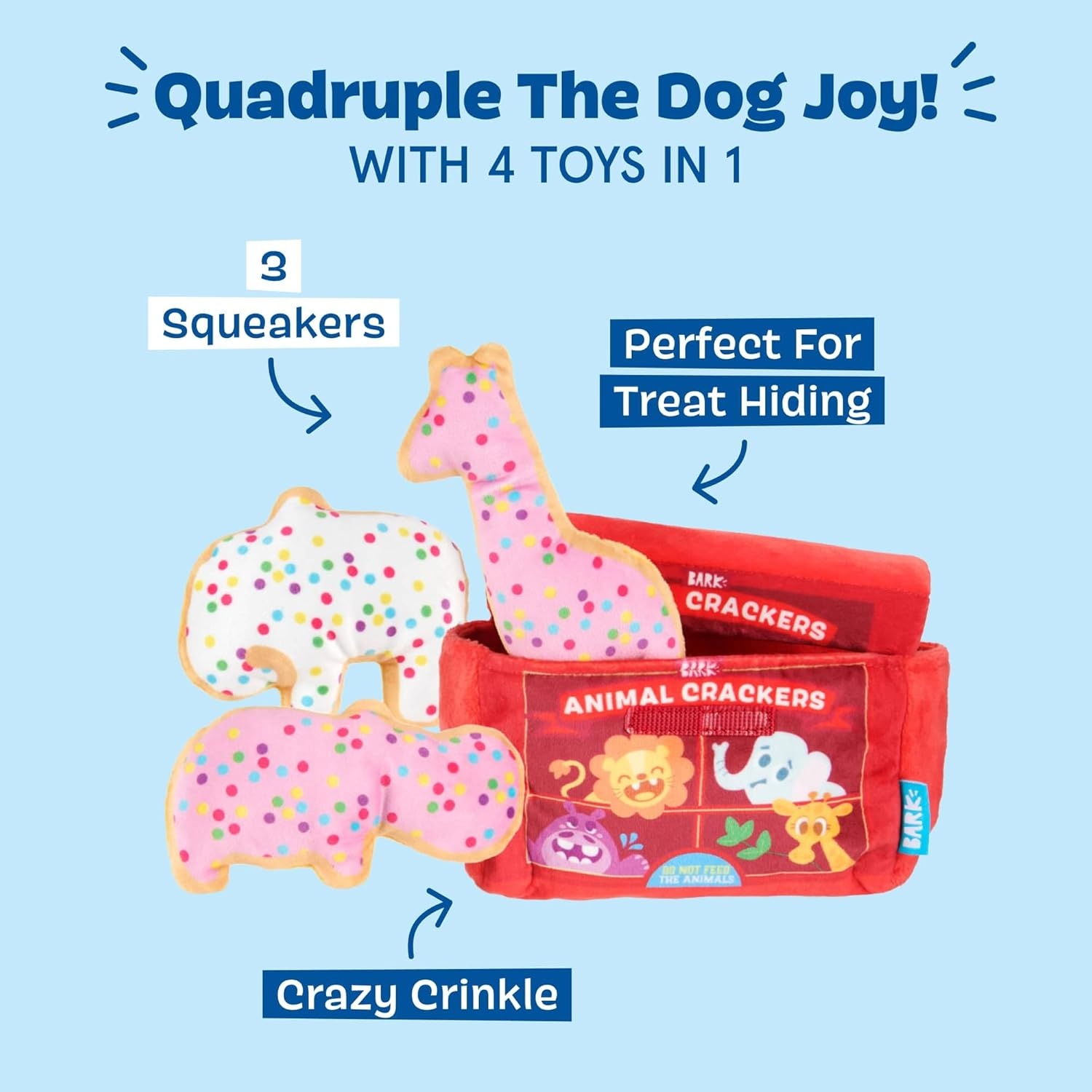 image:imageBarkbox Drool Ranch Chips 3in1 Interactive Plush Dog Toy Squeaky Dog Toys with Crinkle Bag for Small to Medium Dogs and PuppiesAnimal Crackers