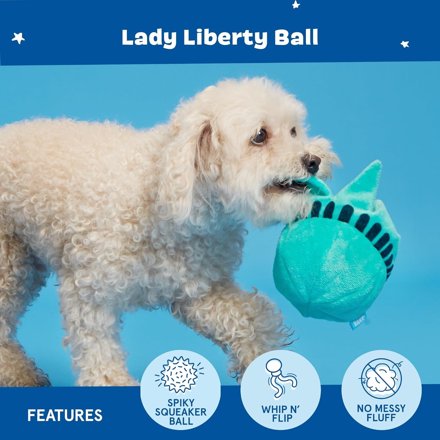 image:imageBarkbox Lady Liberty Ball Plush Dog Toy 2in1 Squeaky and Crinkle Dog Toy with Plush Exterior and Textured Ball Core Large DogLiberty Ball