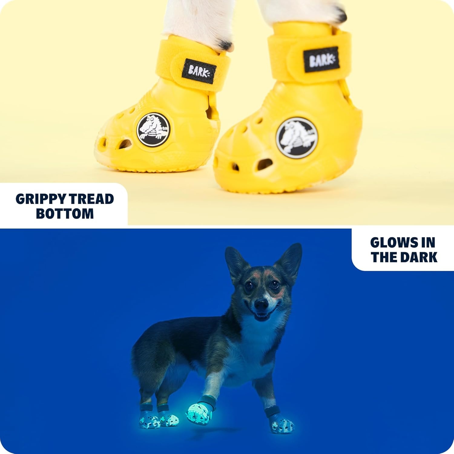 image:imageBarkbox Yellow Crocs Dog Shoes Set of 4 GlowinTheDark Dog Booties with EVA Foam Adjustable Strap amp NonSlip Sole Comfortable Paw Protection for Large Breeds 5180 lbsYellow