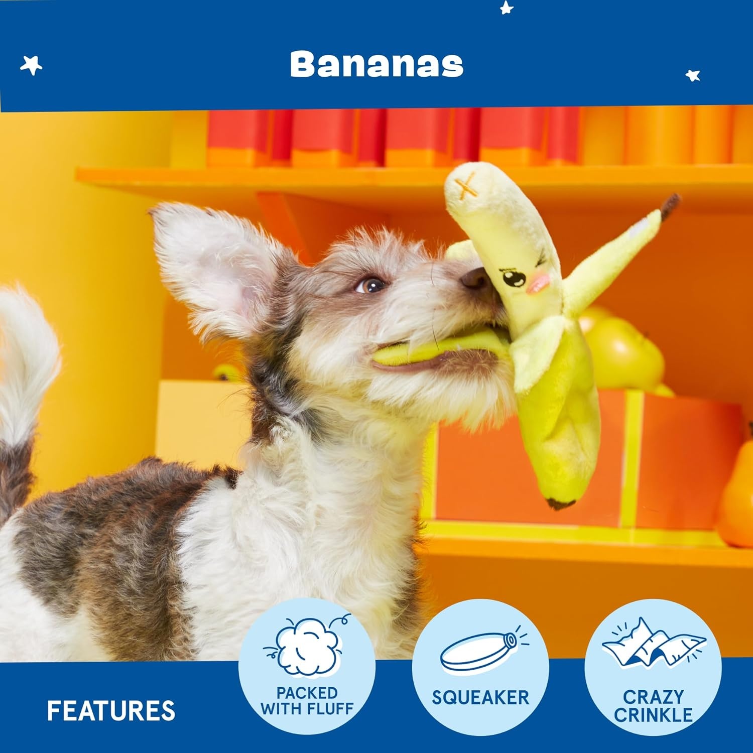 image:imageBarkbox Dog Toy 2 in 1 Interactive Plush Exterior with Squeaker amp Crinkle Material Tearable Dog Toy with Squeaky Spikey Ball Inside Ideal for Toy Destroyers Go Bananas Small