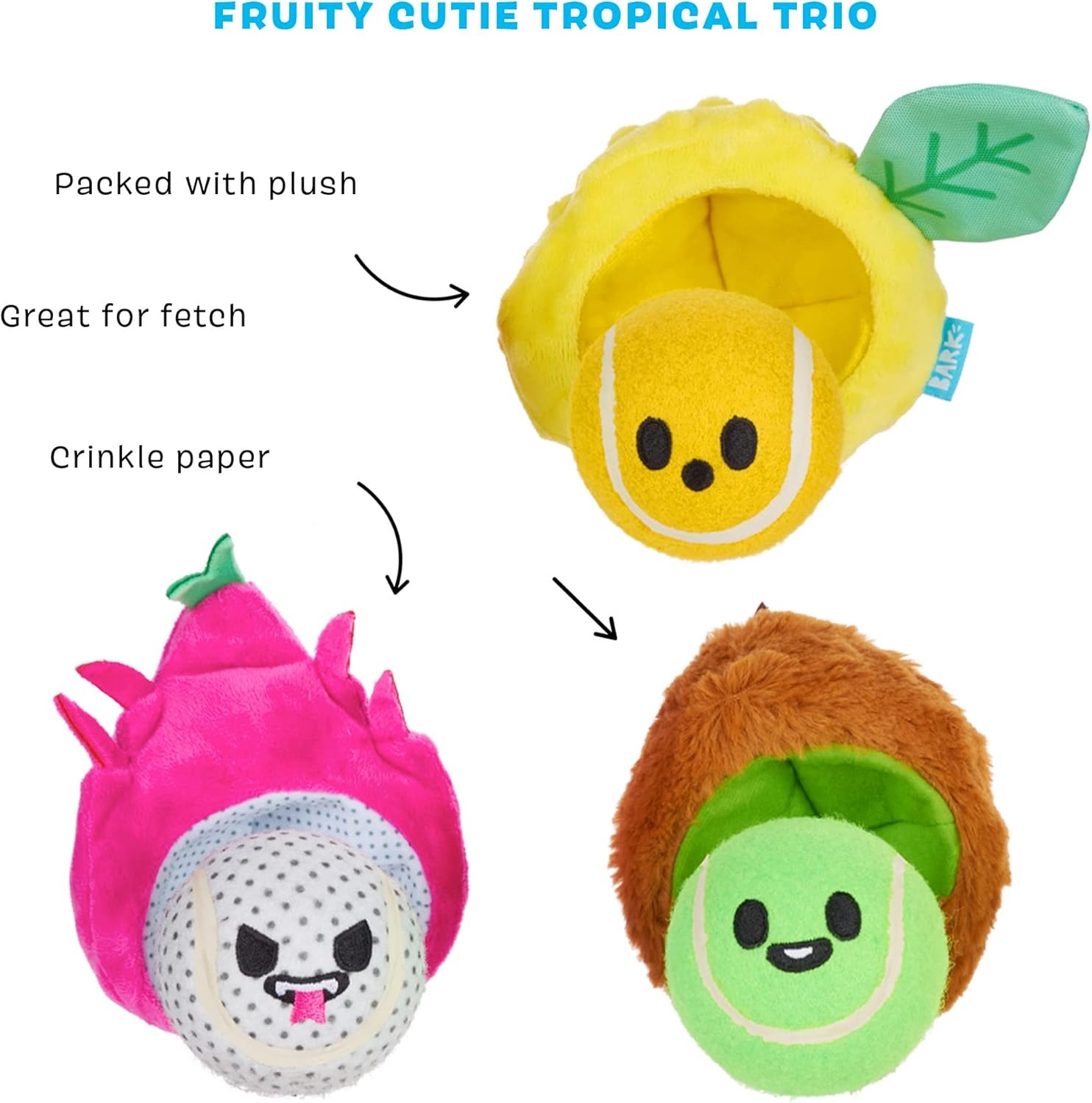 image:imageBarkbox Fruity Cutie Tropical Trio 3in1 Interactive Plush Dog Toy Squeaky Dog Tennis Ball Chew Toy of Dogs and Puppies