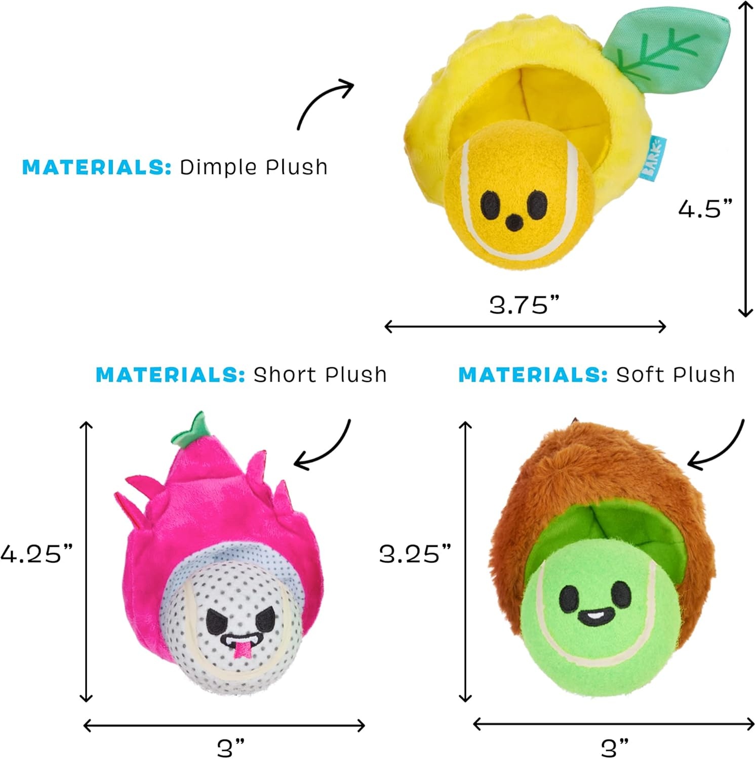 image:imageBarkbox Fruity Cutie Tropical Trio 3in1 Interactive Plush Dog Toy Squeaky Dog Tennis Ball Chew Toy of Dogs and Puppies