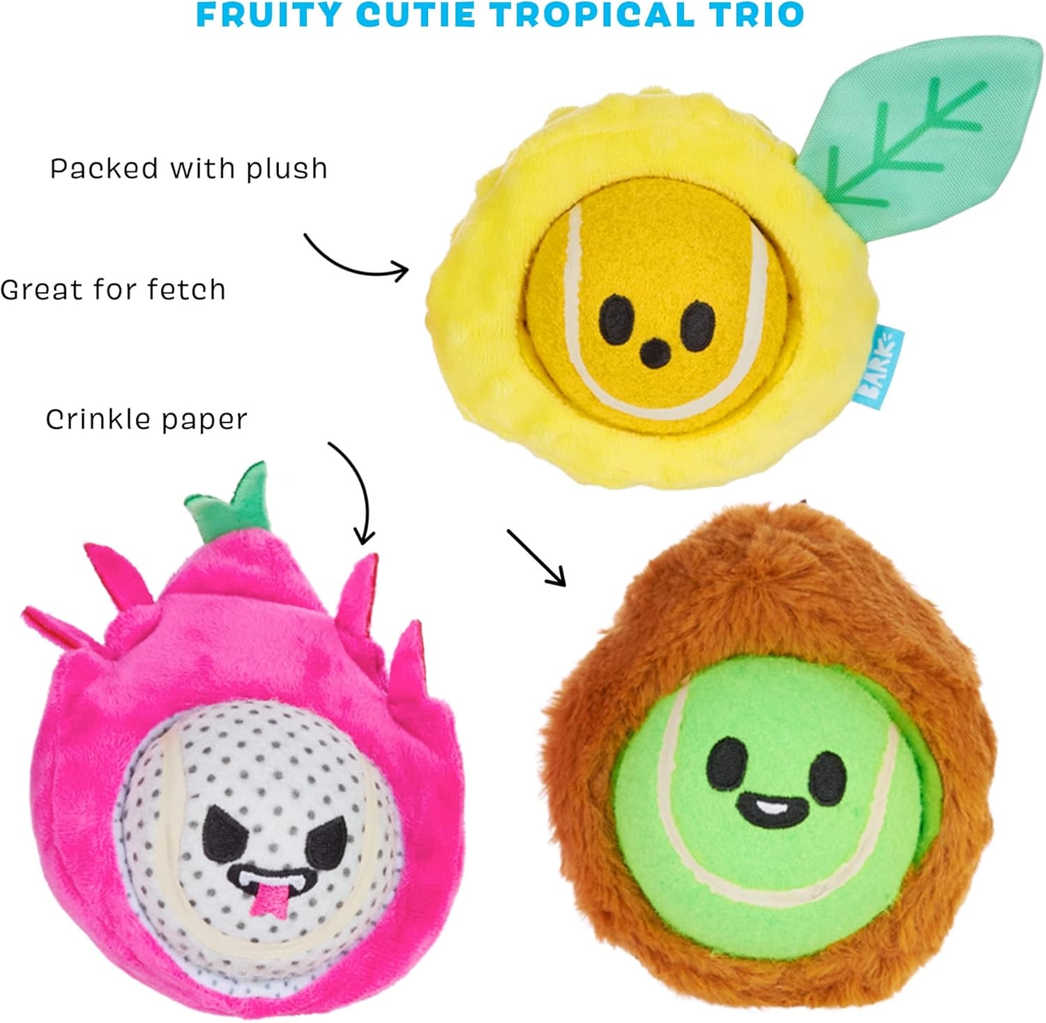 image:imageBarkbox Fruity Cutie Tropical Trio 6in1 Interactive Dog Toy Balls Plush Chew Toys with Squeaky Tennis Balls and Crinkle for Small Dogs and Puppies