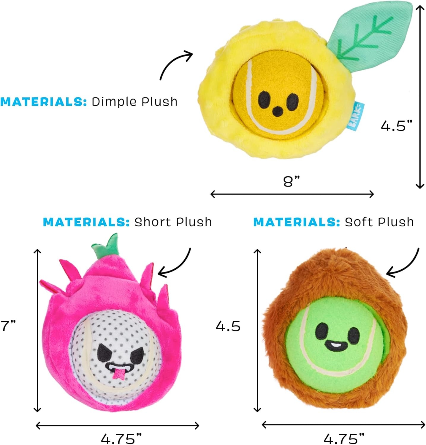 image:imageBarkbox Fruity Cutie Tropical Trio 6in1 Interactive Dog Toy Balls Plush Chew Toys with Squeaky Tennis Balls and Crinkle for Small Dogs and Puppies